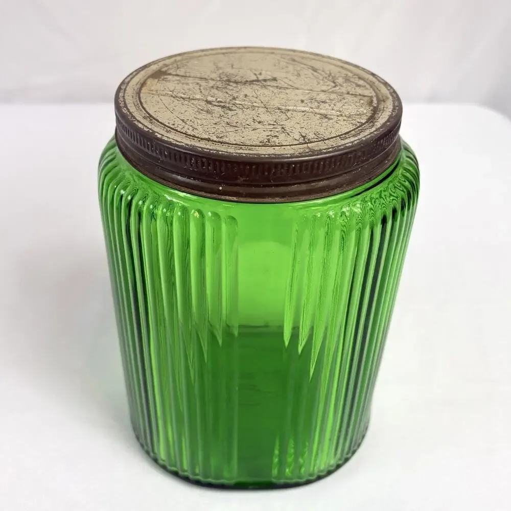Vintage Ribbed Owens-Illinois Emerald Green Glass Ovoid Canister 1930s